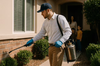 A pest control technician in gloves sprays a wall outside a home, while a woman and two children watch from the doorway.