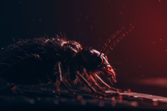 Close-up of a black insect with antennae and fine hairs, set against a dark background with a red light source.