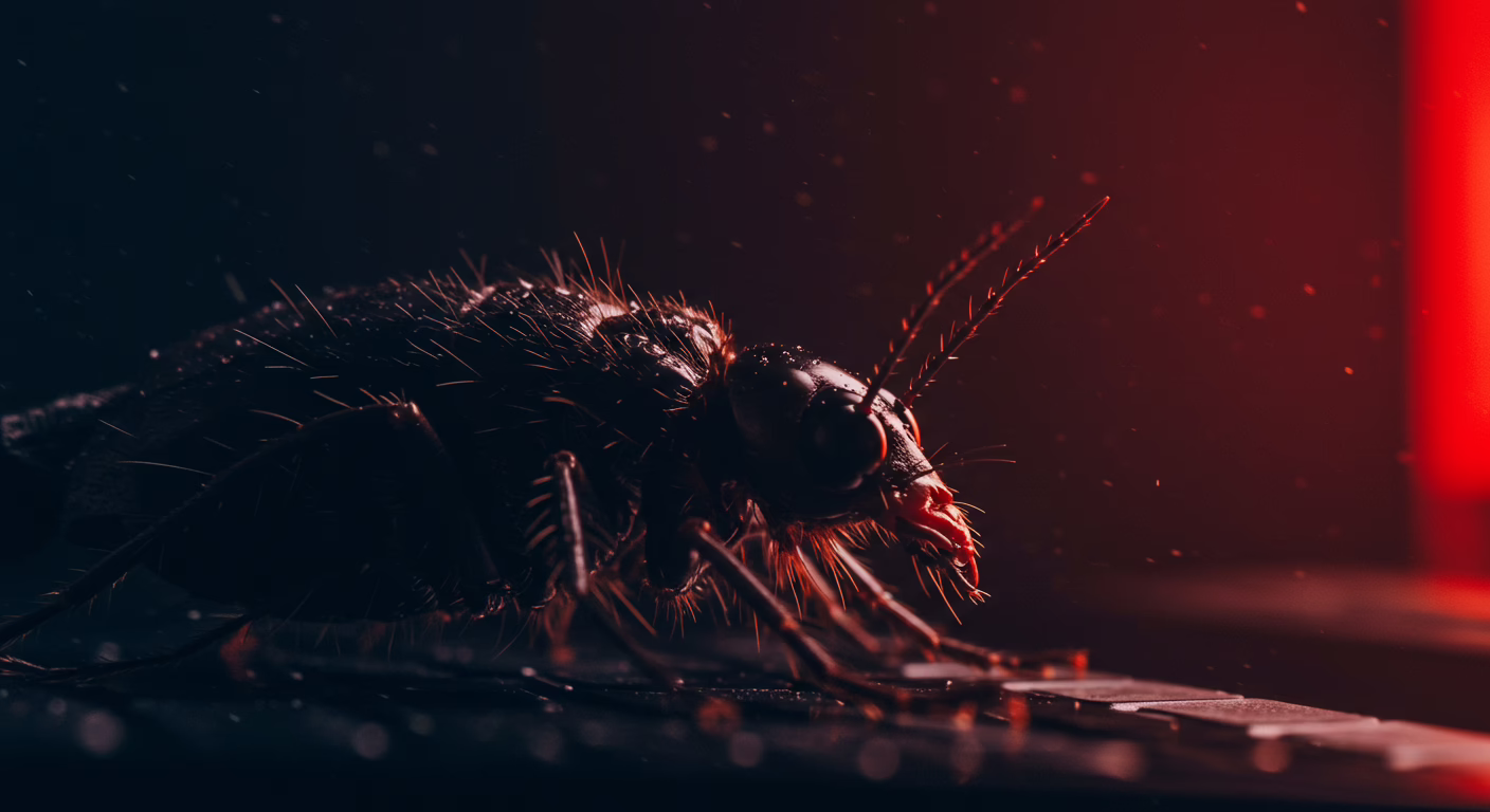 Close-up of a black insect with antennae and fine hairs, set against a dark background with a red light source.