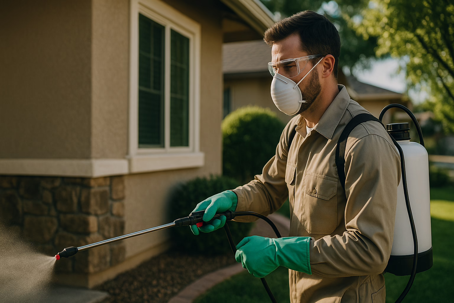 A man in protective gear sprays pesticide near a house, wearing gloves, a mask, and goggles.
